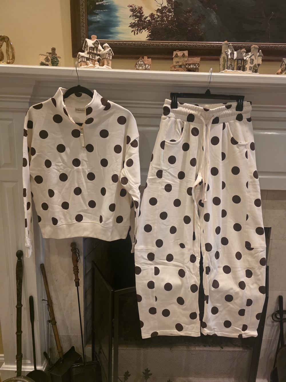 Zenana Outfitters Cream  Barrel Leg Pants with Brown Polka Dots And Matching Top